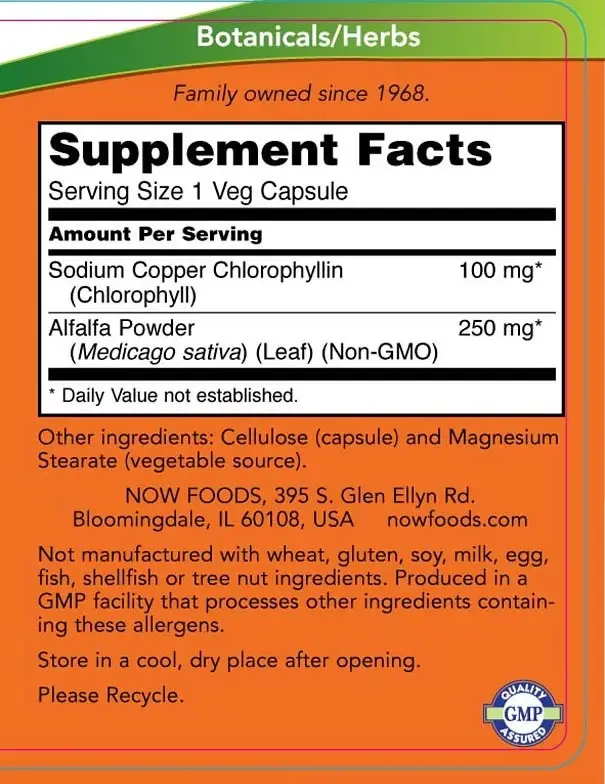 Chlorophyll 100 mg - NOW Foods - 90 växtbaserade kapslar - Bild 2