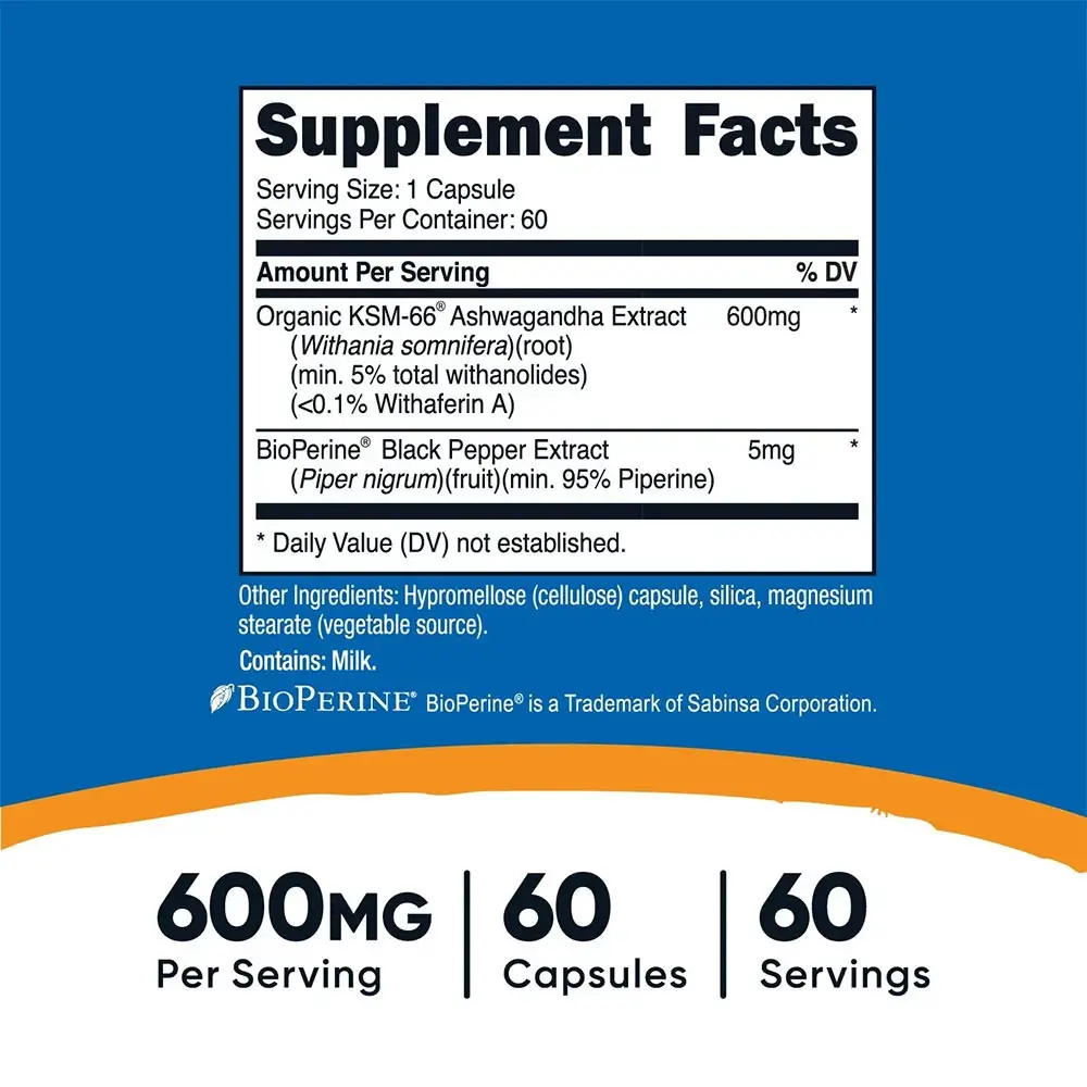 Nutricost KSM-66 Ashwagandha Root Extract 600mg – 60 vegetariska kapslar - Bild 2