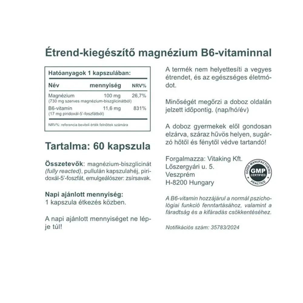 Vitaking Magnesium Bisglycinate + Vitamin B6 (P5P) (60 kapslar) - Bild 2